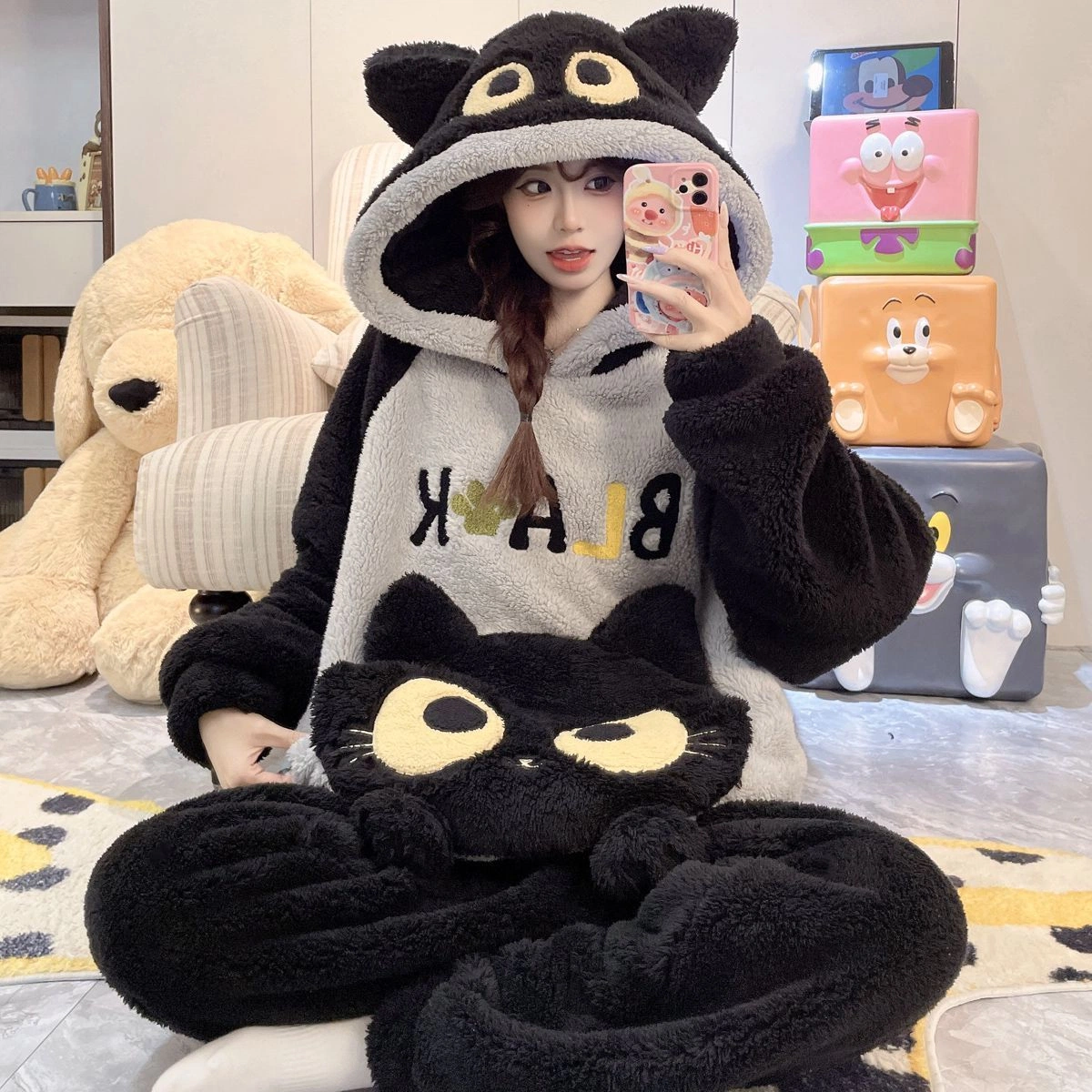 Women's Winter Fuzzy Pajama Set, Thick Warm Coral Fleece Hooded Loungewear, Cute Cartoon Oversized Flannel Sleepwear with Pants