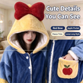 Snow White Inspired Coral Fleece Long Robe for Women, Cute Hooded Bathrobe with Red Bow, Fall Winter Warm Loungewear, Wearable Outside Home