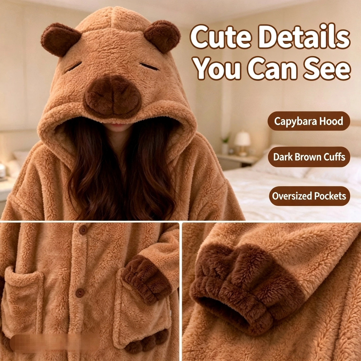 Cute Capybara Coral Fleece Long Robe for Women, Hooded Bathrobe, Warm Fall Winter Loungewear, Wearable Outside Home