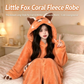 Cute Little Fox Coral Fleece Long Robe for Women, Hooded Bathrobe, Warm Fall Winter Loungewear, Wearable Outside Home