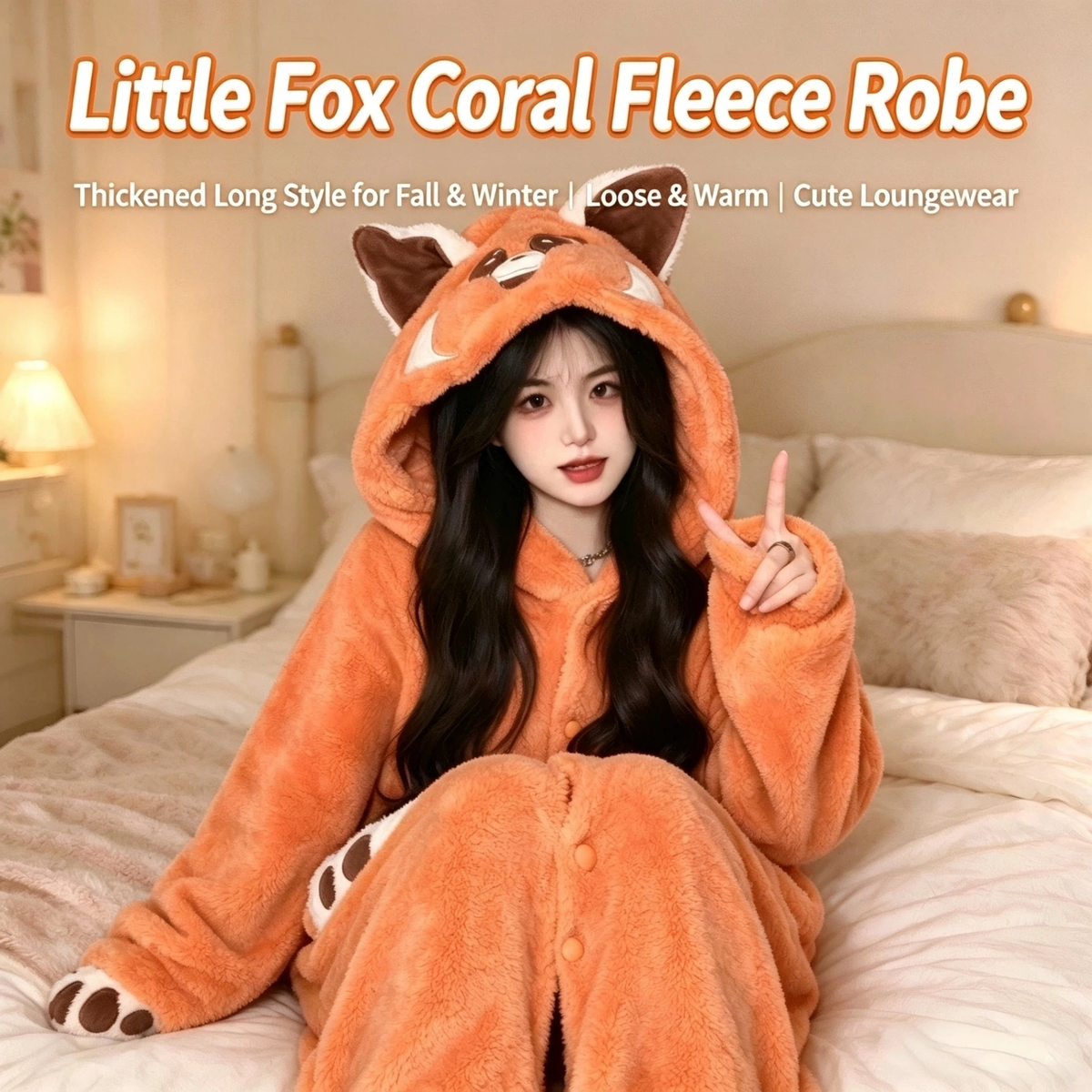 Cute Little Fox Coral Fleece Long Robe for Women, Hooded Bathrobe, Warm Fall Winter Loungewear, Wearable Outside Home