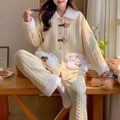 Women’s Air Cotton Pajama Set, Sweet Pale Yellow Doll Collar Sleepwear, Thick Warm Mid-Length Loose Casual Loungewear Set