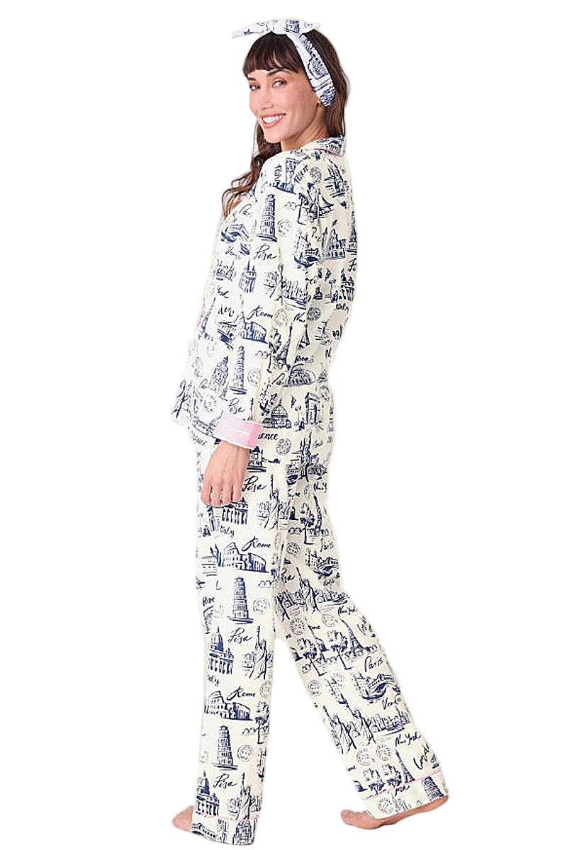 P.J Salvage Bon Voyage Print Flannel PJ Set with Headband in White Cloud